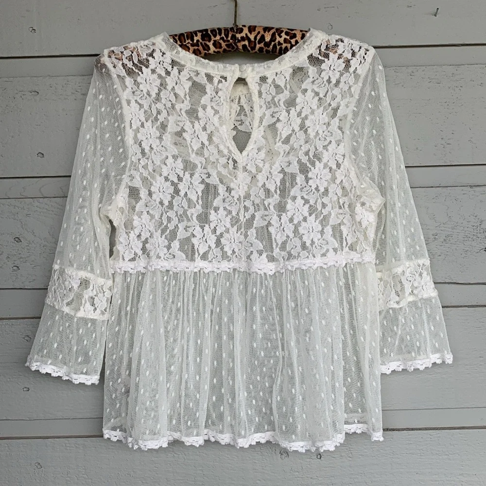 FREE PEOPLE BOHO IVORY/OFF WHITE MODERN ROMANCE SHEER LACE TOP - Picture 11 of 13